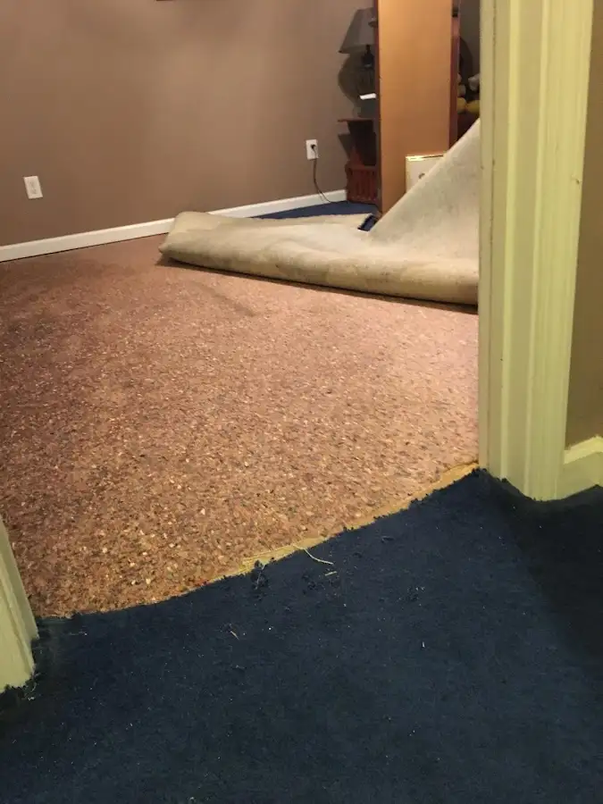 Carpet pad removal revealing water damage during Water Mitigation Services in South Fulton